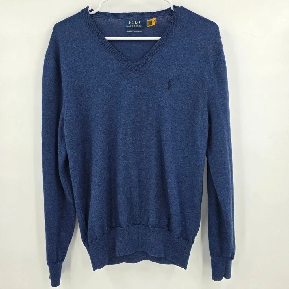 POLO RALPH LAUREN MERINO WOOL SWEATER MENS SMALL BLUE V NECK WASHABLE PREPPY